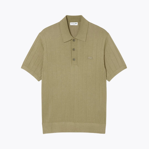 Lacoste Fluid Ribbed Knit Polo Collar Sweater LS Khaki Green S