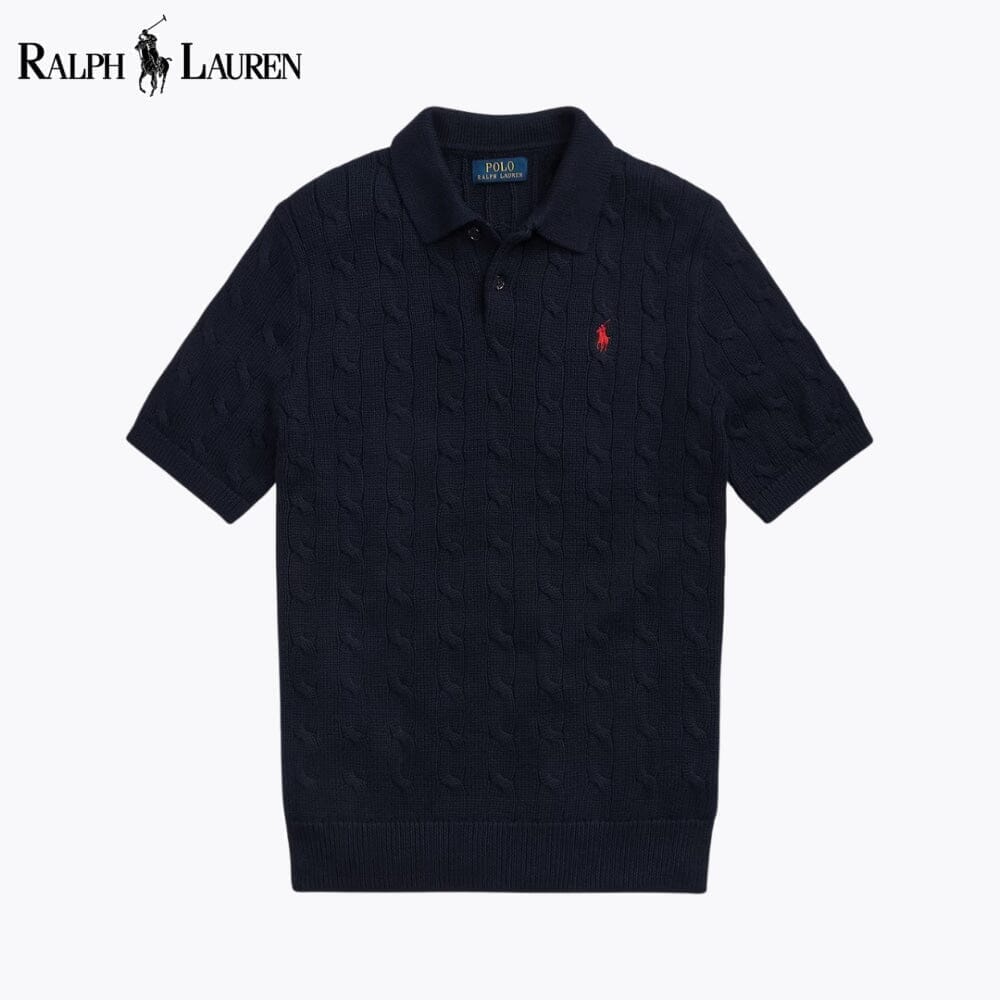 Ralph Lauren Cable-Knit Cotton Polo-Collar Sweater LS Blue Navy S