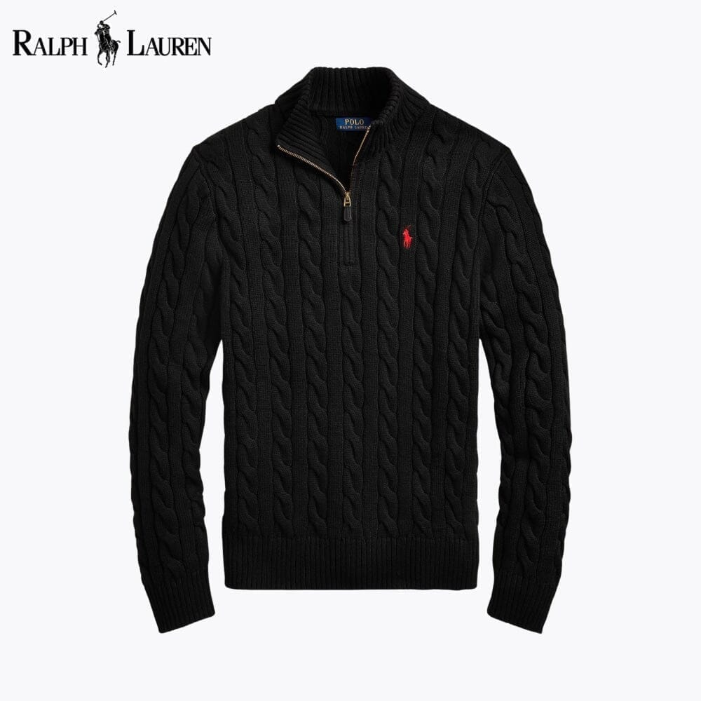 Ralph Lauren Chunky Cable-Knit Cotton Quarter-Zip Sweater LS Black S