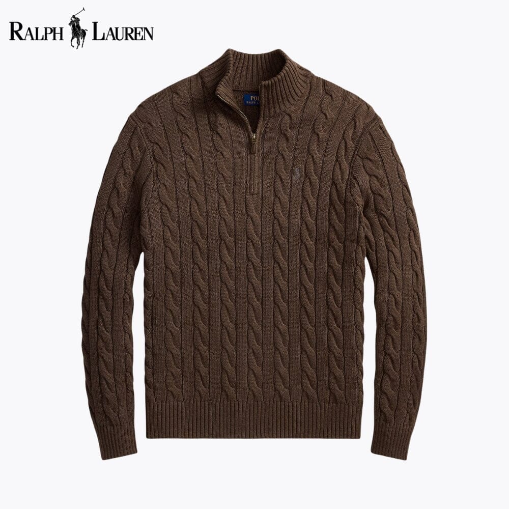 Ralph Lauren Chunky Cable-Knit Cotton Quarter-Zip Sweater LS Brown S