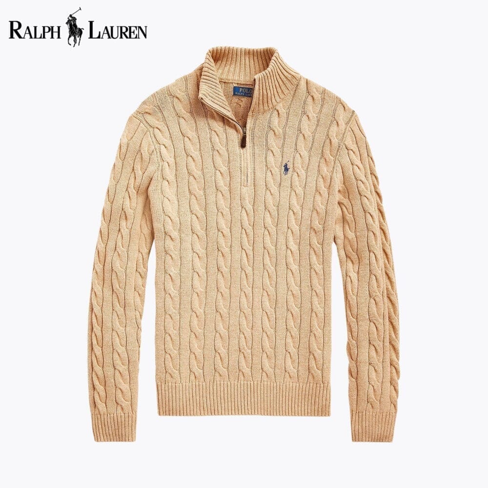 Ralph Lauren Chunky Cable-Knit Cotton Quarter-Zip Sweater LS Camel S